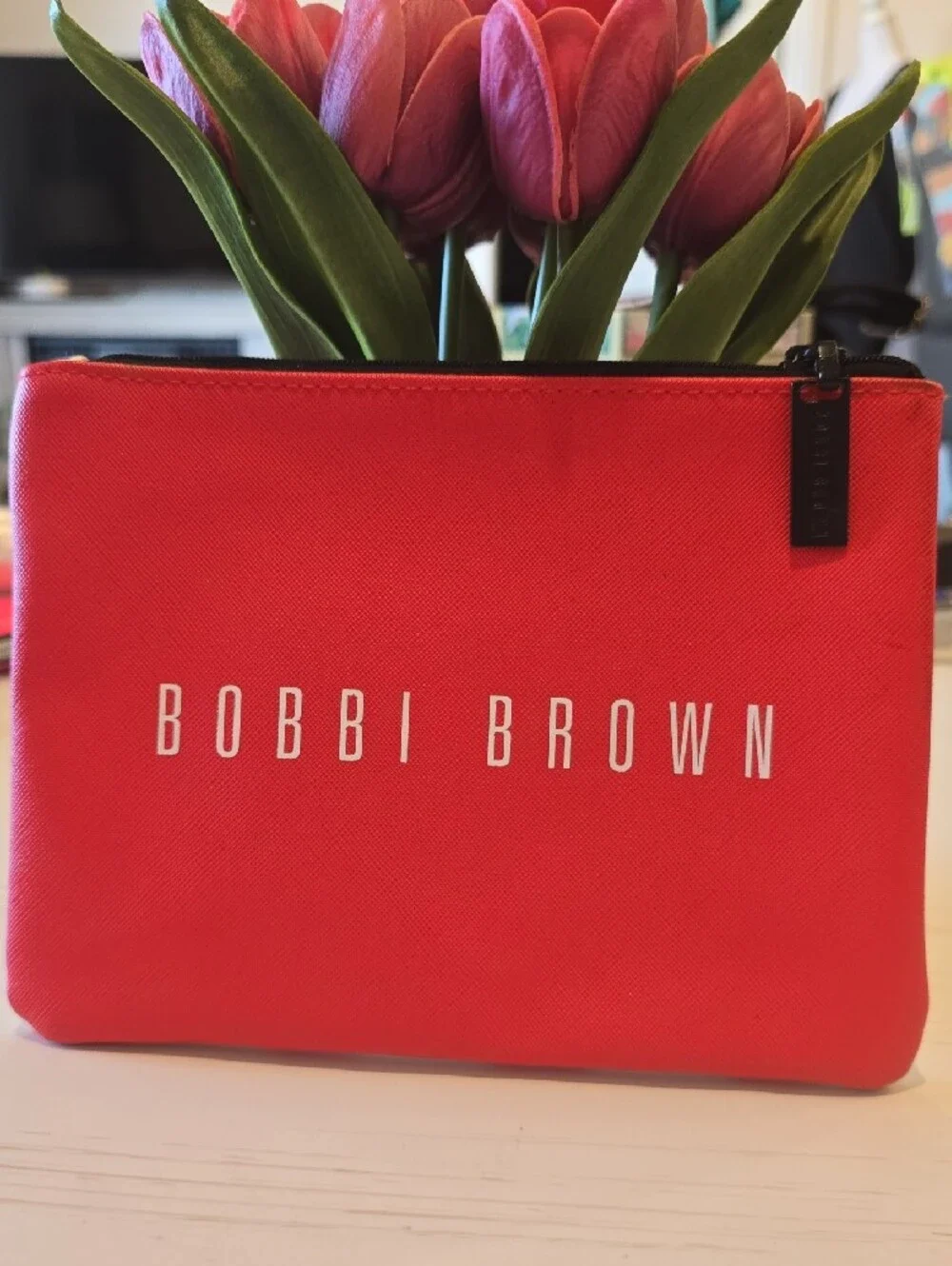 Bobbi Brown White Cosmetic Pouch with Red Lip Print Pattern
